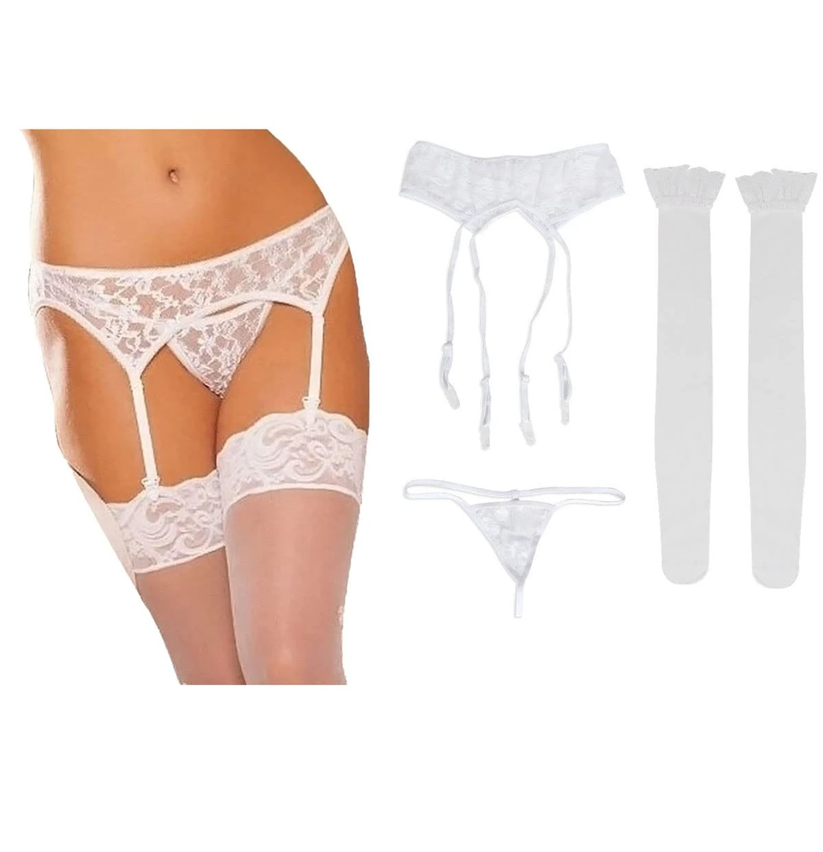 MAKFORT Womens Sexy Garter Belt Lace Lingerie Thigh High Stockings with Suspender Belt White