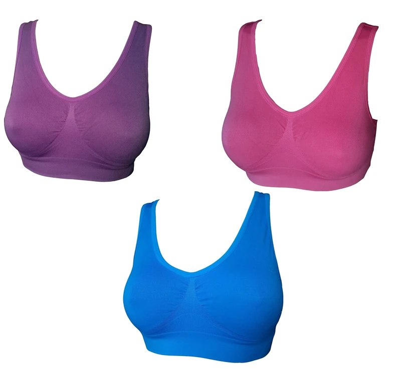 3 6 9 Pack Comfort Bra Women Girls Crop Top Seamless Sleep Yoga Bralette Stretch Bras Sports Vest Wireless Post Surgery Bra, 1 Hot Pink 1 Purple 1 Blue, 3XL
