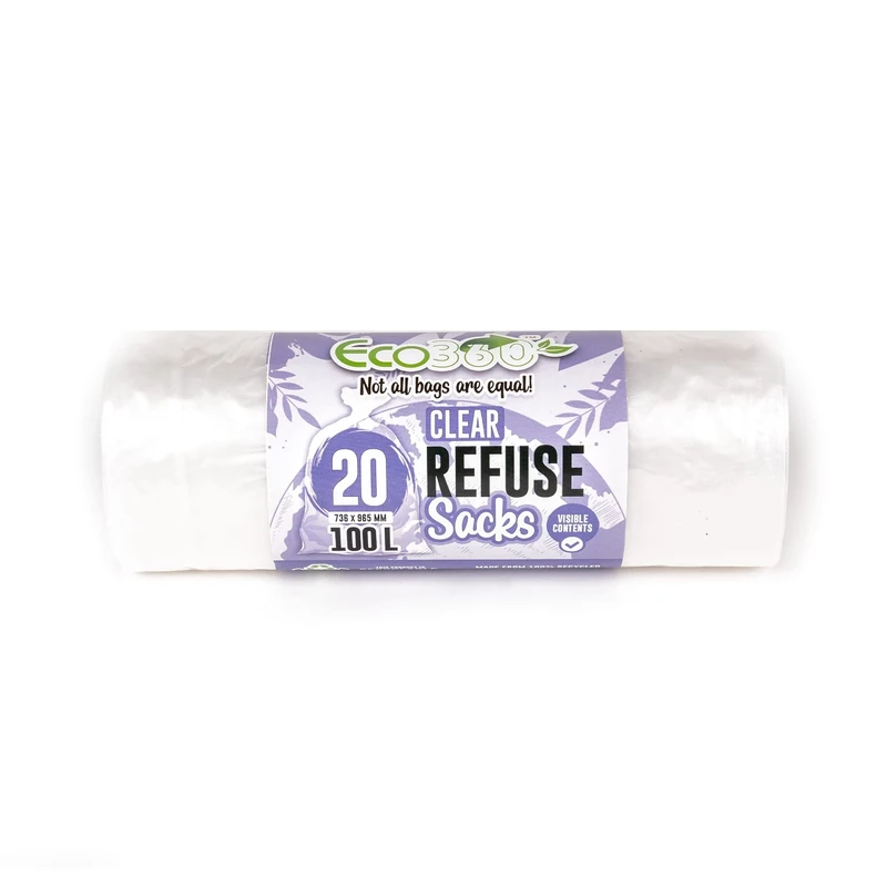 EcoBag - 20 Pack Refuse Sacks - 100L - 22 Microns - Heavy Duty, Leak Resistant Recyclable Bin Bags, Eco-Friendly, Durable Waste Disposal Bags for Household & Commercial Use (736 x 965mm) - Image 1