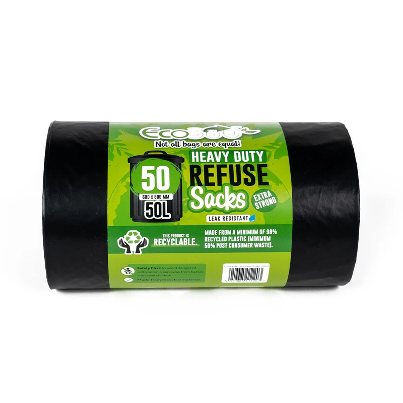 EcoBag - 50 Pack Heavy Duty Bin Bags - 50L - 35 Microns - Recyclable Black Bin Bag with Leak Resistant Seal, Sustainable Refuse Sack, Eco-Friendly Rubbish Bag for Home, Office & Kitchen (600x800 mm)