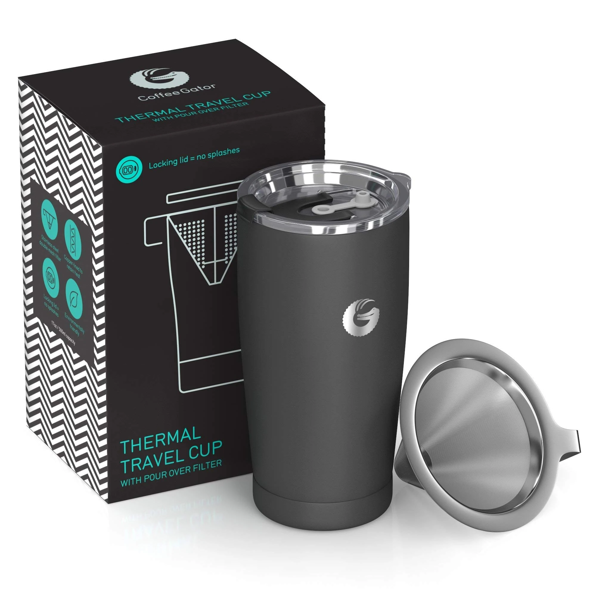 Coffee Gator Pour Over Coffee Travel Mug all-in-one Travel Coffee Maker and Thermal Cup - Vacuum Insulated Stainless Steel Cup with Paperless Filter Dripper - 585ml / 20oz (Gray)