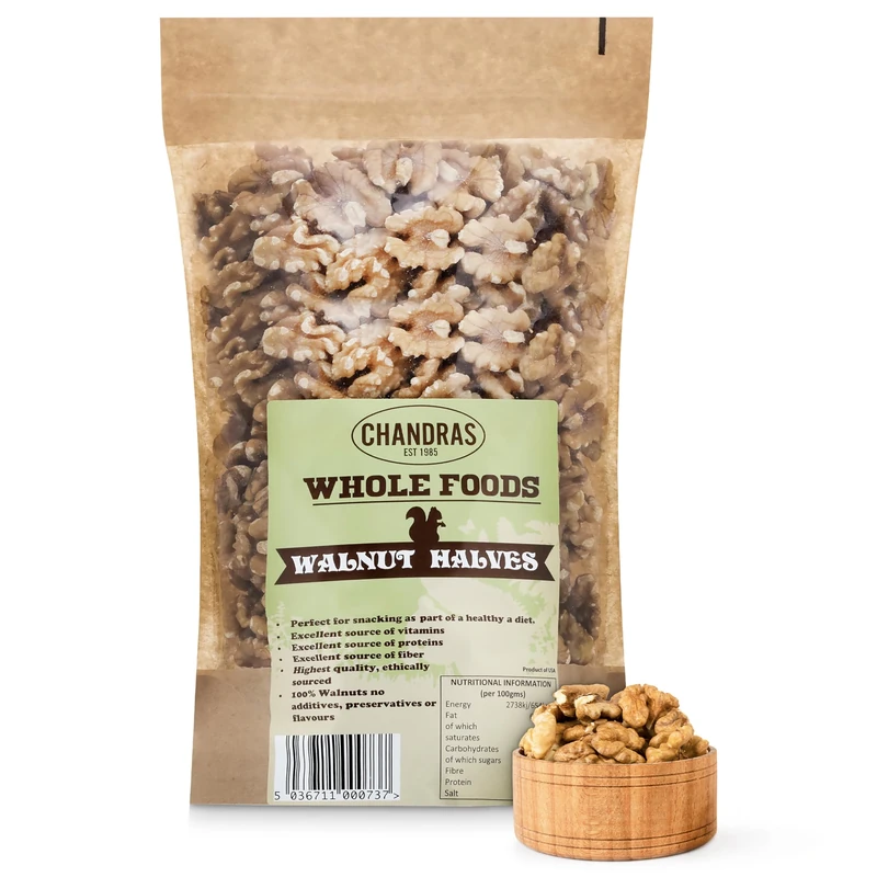 Chandra Whole Foods – Walnuts Halves 1KG - Low-GI Walnut Halves for Snacking, Smoothies, Baking & Cooking - Gluten-Free, Keto & Vegan-Friendly Sliced Nuts, Rich in Protein & Vitamins & Fibre