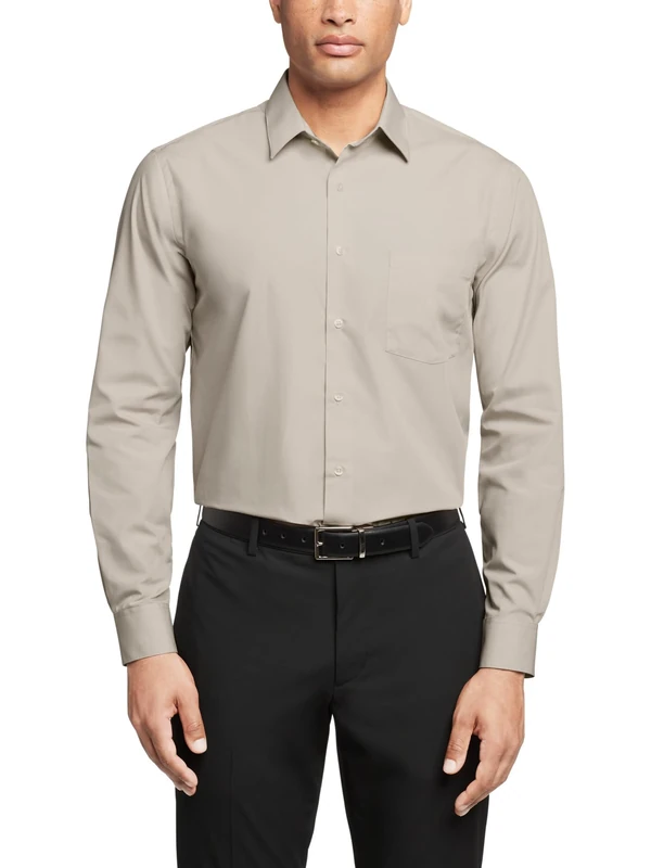 Van Heusen Men's Dress Shirt Regular Fit Poplin Solid, Stone, 15.5" Neck 36"-37" Sleeve
