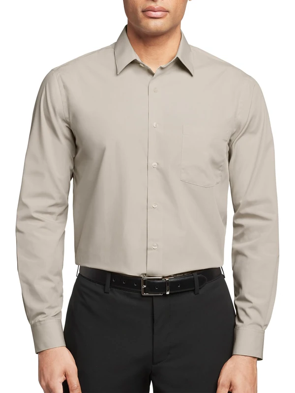 Van Heusen Men's Poplin Regular Fit Solid Point Collar Dress Shirt, Stone, 16" Neck 36"-37" Sleeve