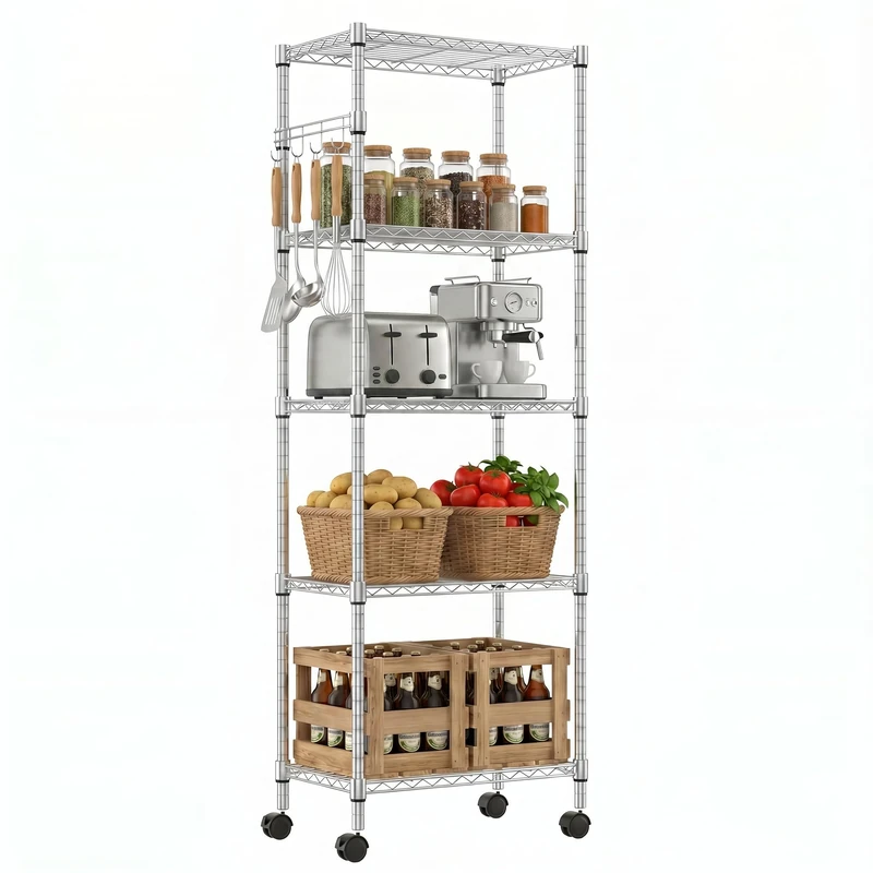 Himimi 5-Tier Wire Shelving Unit on Wheels, Chrome, 59W x 35D x 183H cm, Height Adjustable Metal Shelving Unit for Storage, Free Standing Storage Rack Shelf for Kitchen Pantry Bathroom Garage, Silver