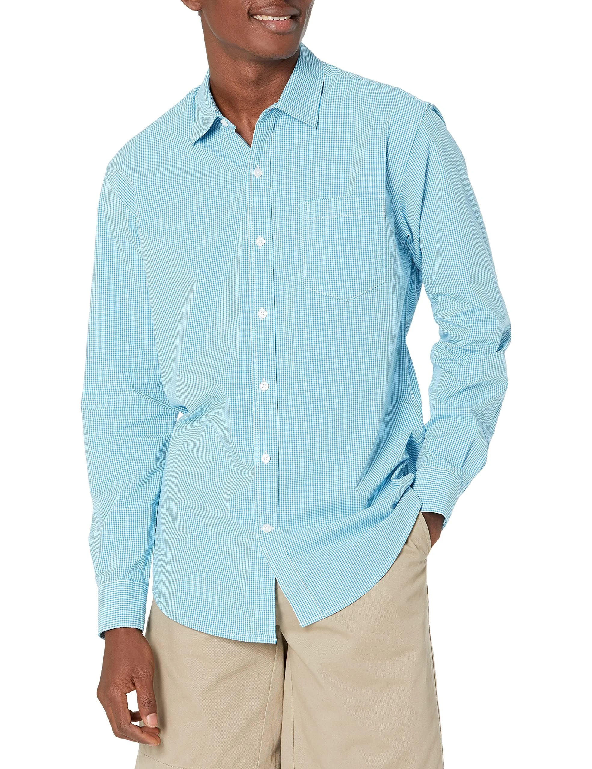 Amazon Essentials Men's Regular-Fit Long-Sleeve Casual Poplin Shirt, Aqua Blue Gingham, L