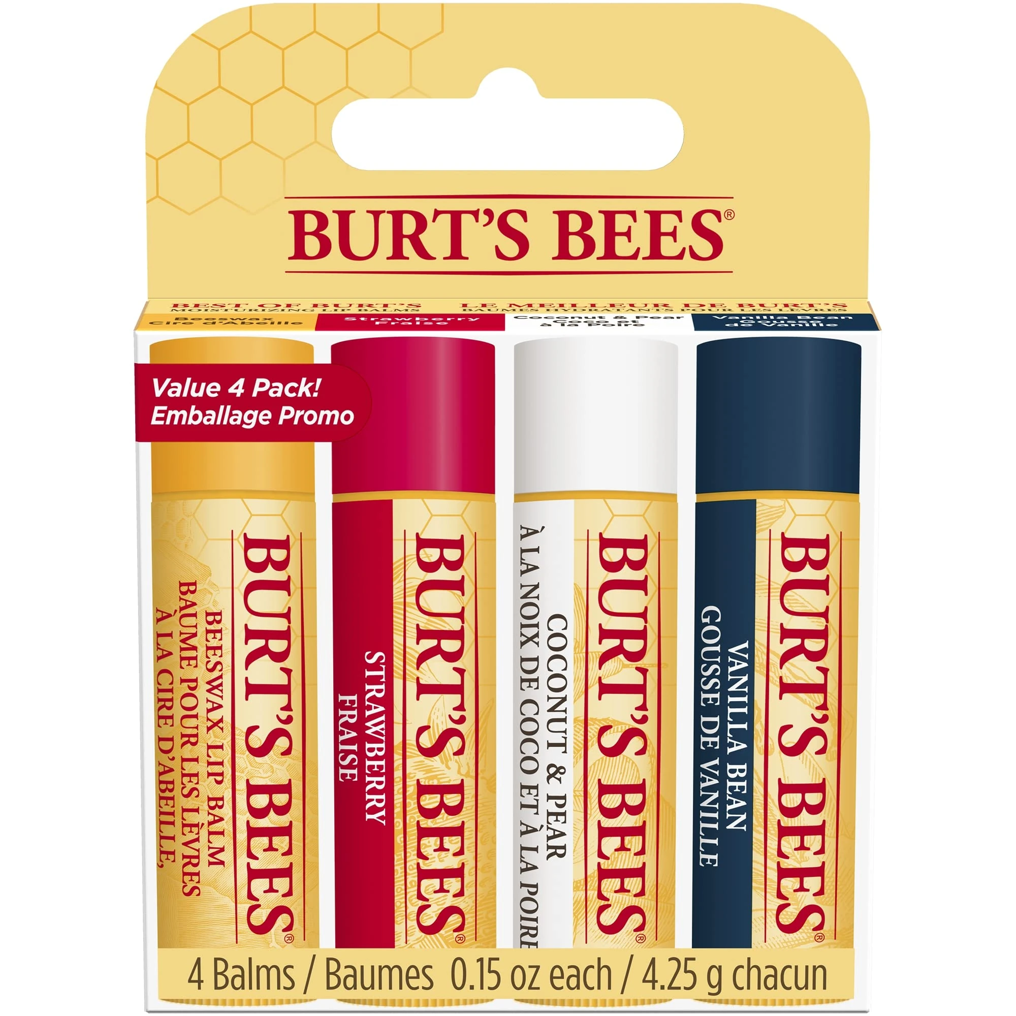 Burt's Bees Lip Balm Multipack, Lip Balm Set, Beeswax, Strawberry, Coconut & Pear, Vanilla Bean, Best of Burt's, 4x4.25g