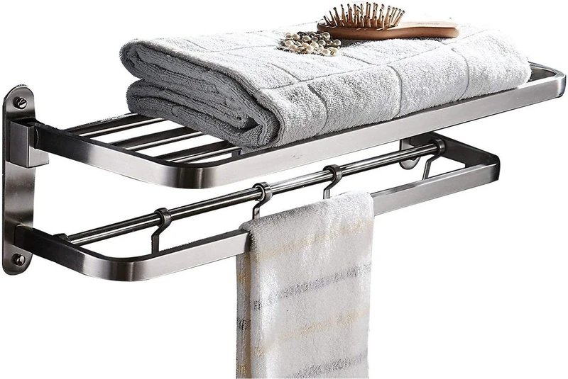 ELLO&ALLO Stainless Steel Towel Racks for Bathroom Shelf Double Towel Bar Holder with Hooks Wall Mounted Multifunctional Foldable Brushed Nickel