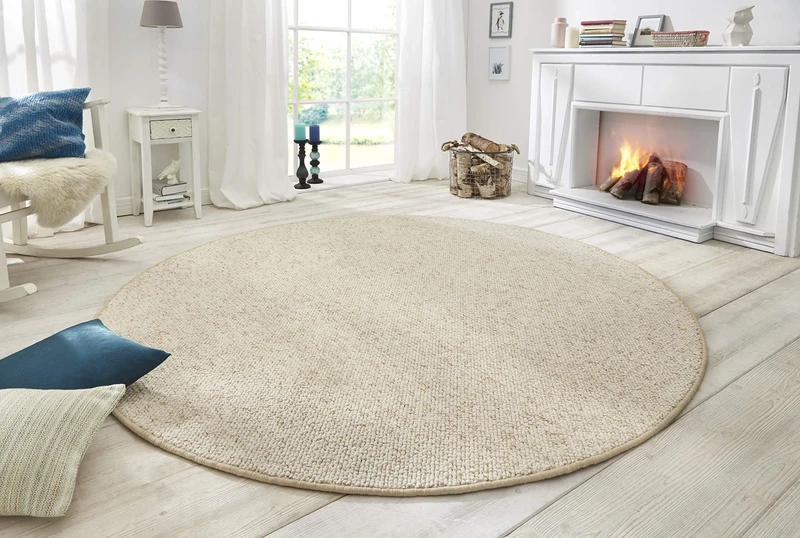 BT Carpet Wolly Round Rug - Living Room Rug Flat Weave Short Pile Wool Look Wool Skandi Look Dining Room Living Room Children's Room Bedroom - Cream, 133 cm
