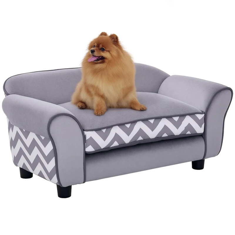 PawHut Pet Sofa Couch Dog Cat Wooden Sponge Sofa Bed Lounge Comfortable Luxury w/Cushion, Grey
