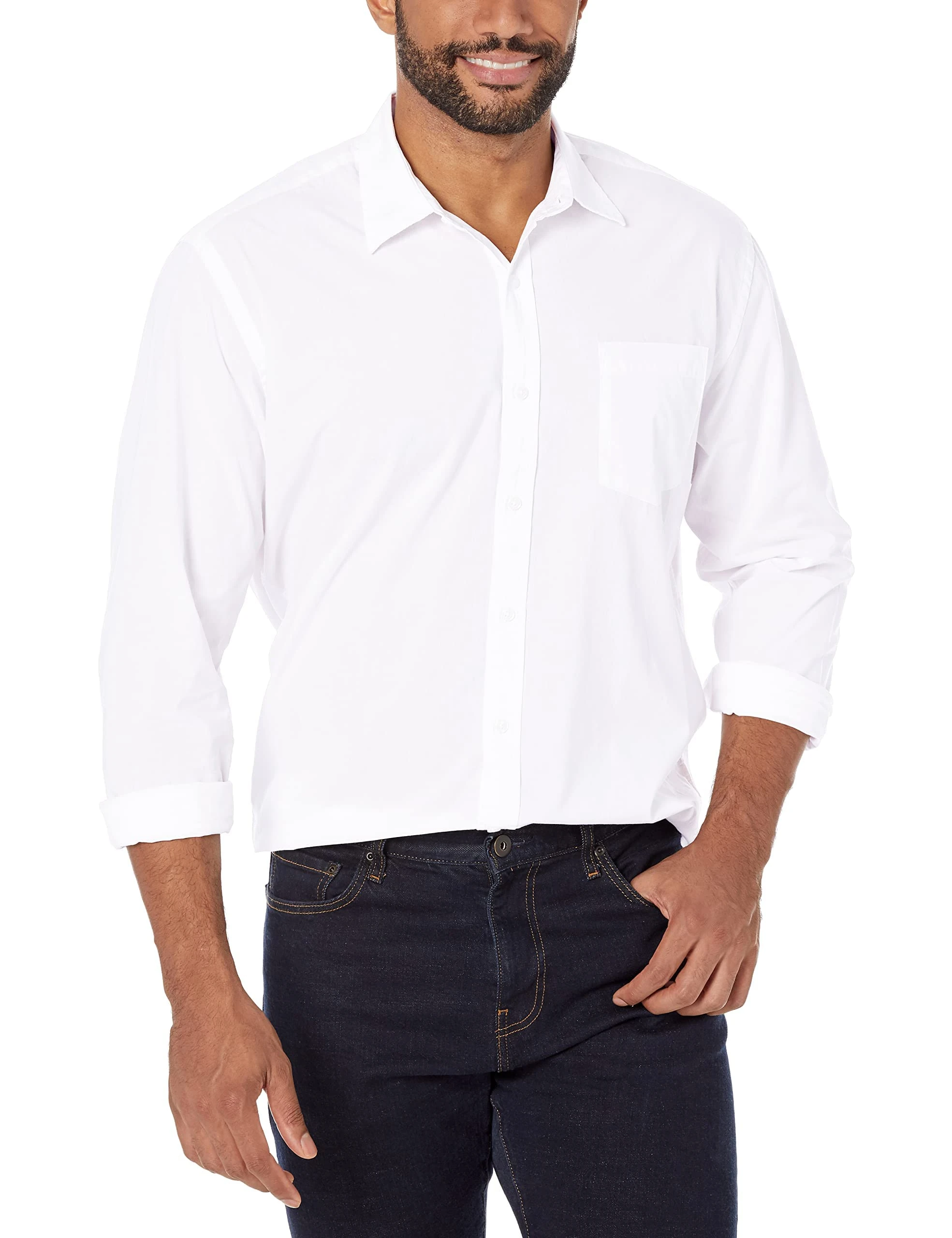 Amazon Essentials Men's Regular-Fit Long-Sleeve Casual Poplin Shirt, White, L