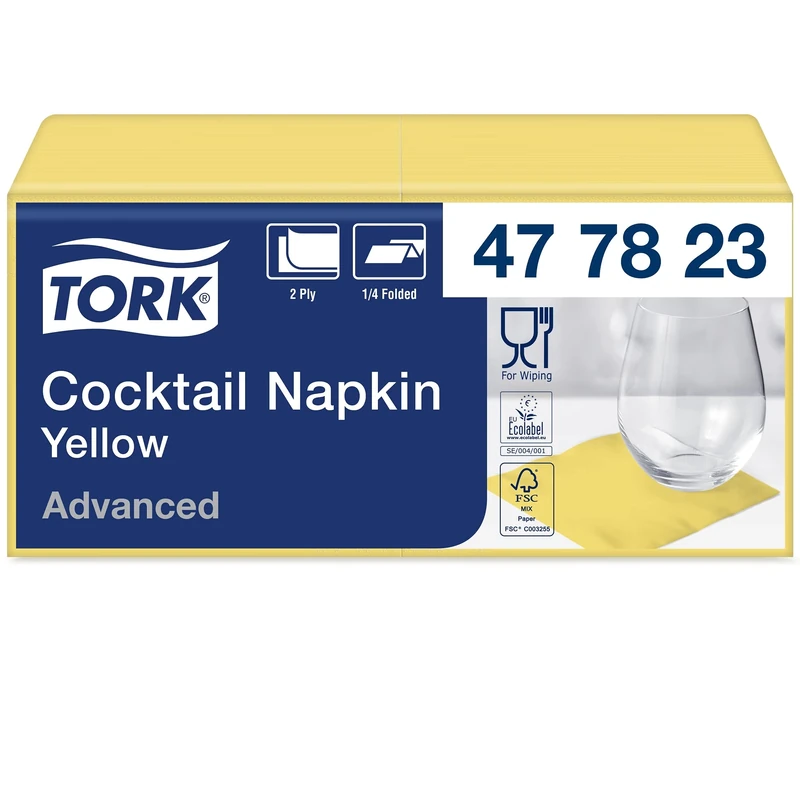 Tork 477823 Yellow Cocktail Napkin / 2 Ply Advanced, Unprinted Serviette in Bright Yellow / 12 x 200 Sheets (WxL: 11.9cm x 12cm)