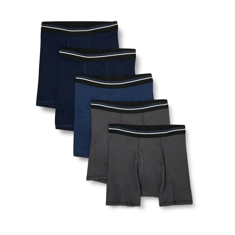 Amazon Essentials Men's Underwear Boxer Briefs, Comfortable Cotton, Tag-Free, Pack of 5, Charcoal/Dark Blue/Dark Navy, M