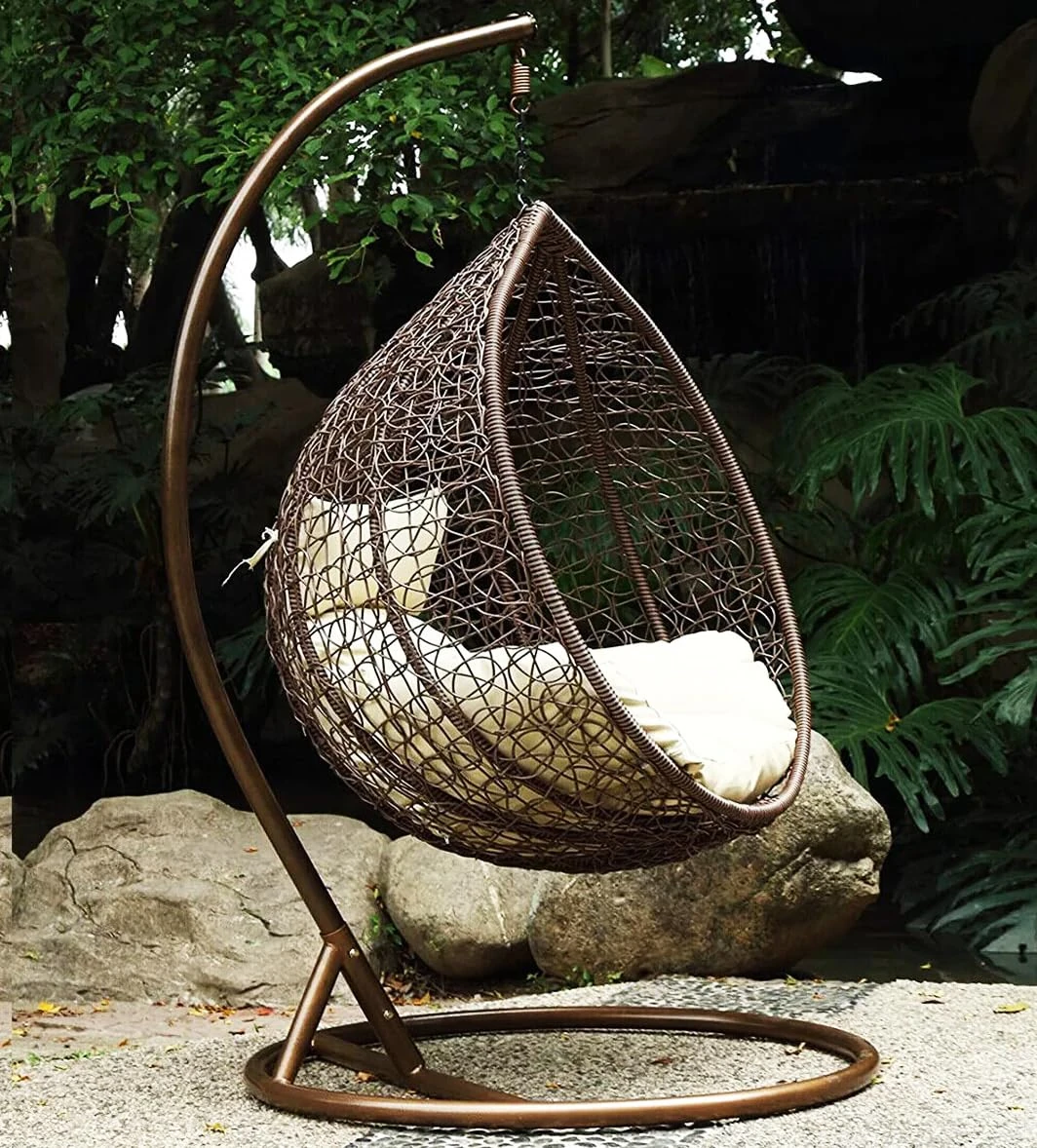 Chair Hanging Rattan Swing Patio Garden Weave Egg with Cushion in or Outdoor (Medium, Brown)