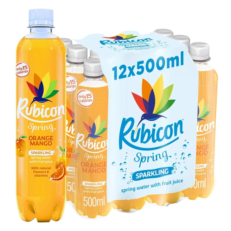 Rubicon Spring 12 Pack Orange Mango, Sparkling Spring Water with Real Fruit Juice & Natural Flavours, Only 15 Calories - 12 x 500ml Multipack Bottles