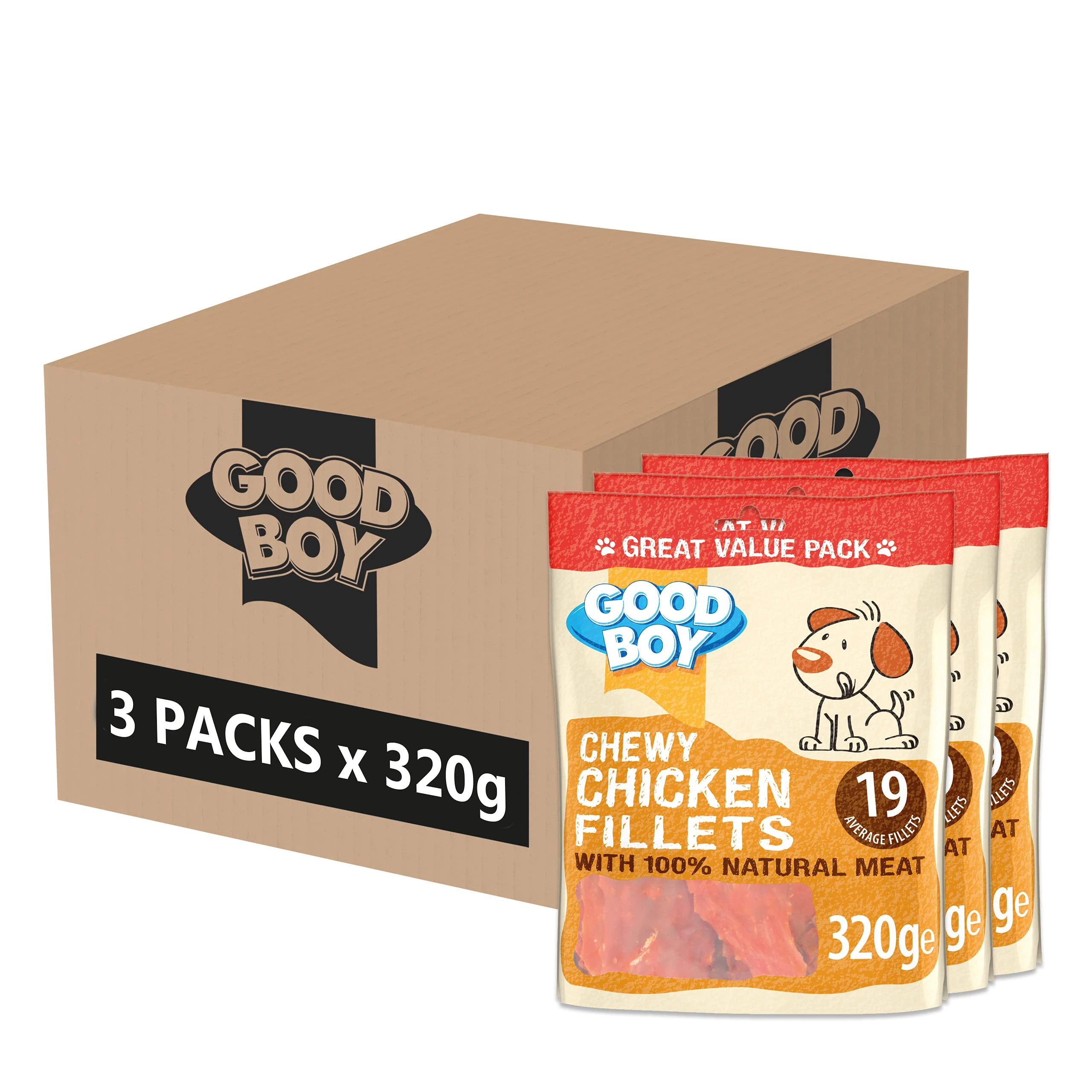 Good Boy - Chewy Chicken Fillets - Dog Treats - Made With 100% Natural Chicken Breast Meat - 320 Grams - Low Fat Dog Treats (Case of 3)