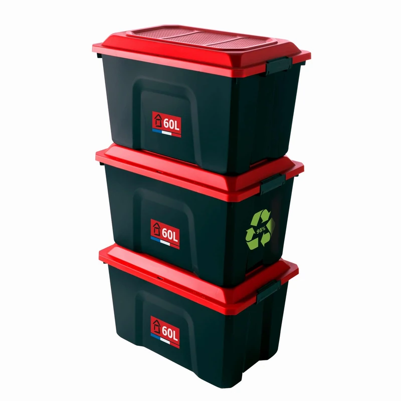 Sundis High Capacity Trunk with Lockable, Clips Closing Lid, Ergonomic Grids and Modern Design, Black/RED, 3x60L