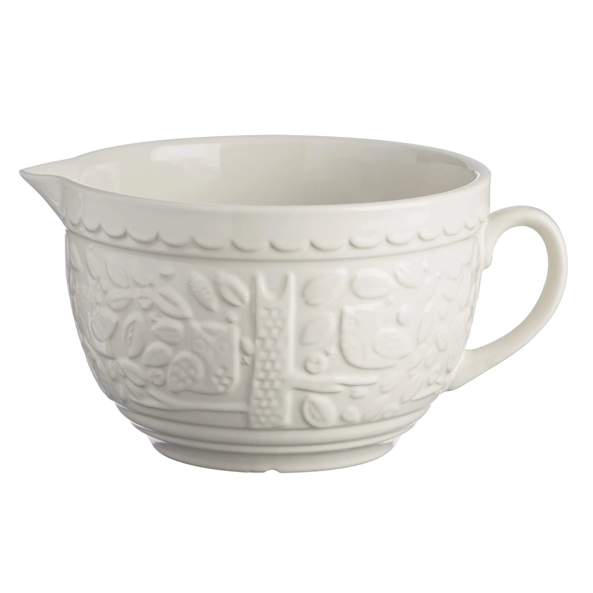 Mason Cash in The Forest Owl Batter Bowl 2 Litre | Cream Stoneware Mixing & Pouring Bowl for Batter Mixes, Embossed Woodland Design