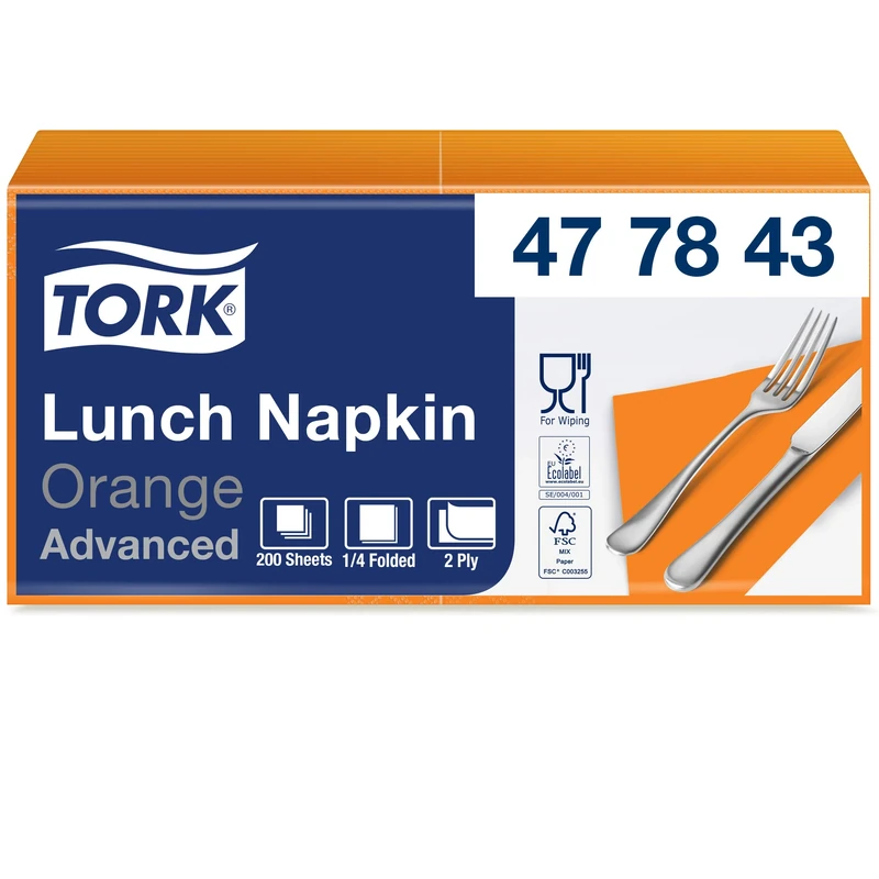 Tork 477843 Orange Lunch Napkin / 2 Ply Advanced, Unprinted Serviette in Orange / 10 x 200 Sheets