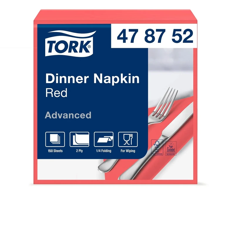 Tork 478752 Red Dinner Napkin / 2 Ply Advanced, Unprinted Serviette in Red / 12 x 150 Sheets (WxL: 19.5cm x 19.5cm)