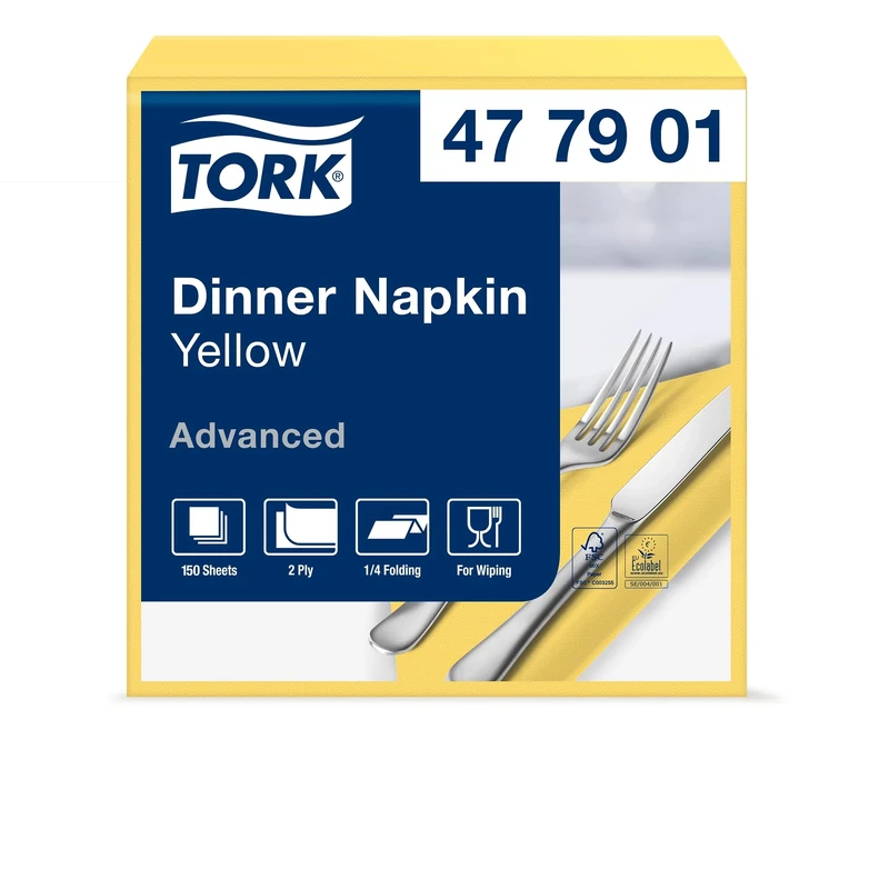 Tork 477901 Yellow Dinner Napkin / 2 Ply Advanced, Unprinted Serviette in Pastel Yellow / 12 x 150 Sheets (WxL: 19.5cm x 19.5cm)