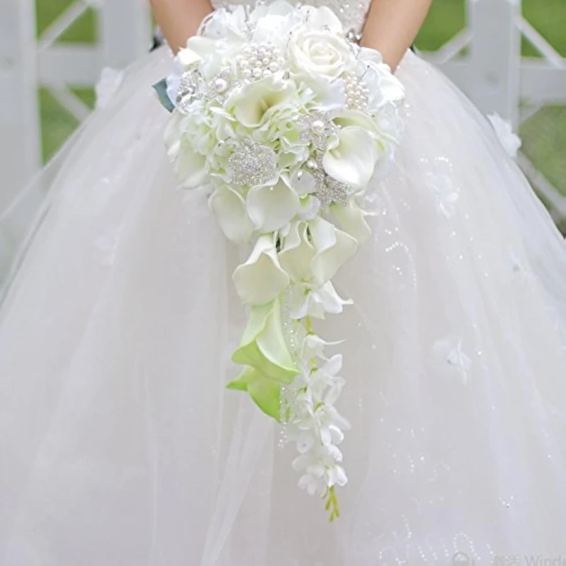 Iffo calla lilies simulation rose diamonds pearl bride wedding bouquet (White)