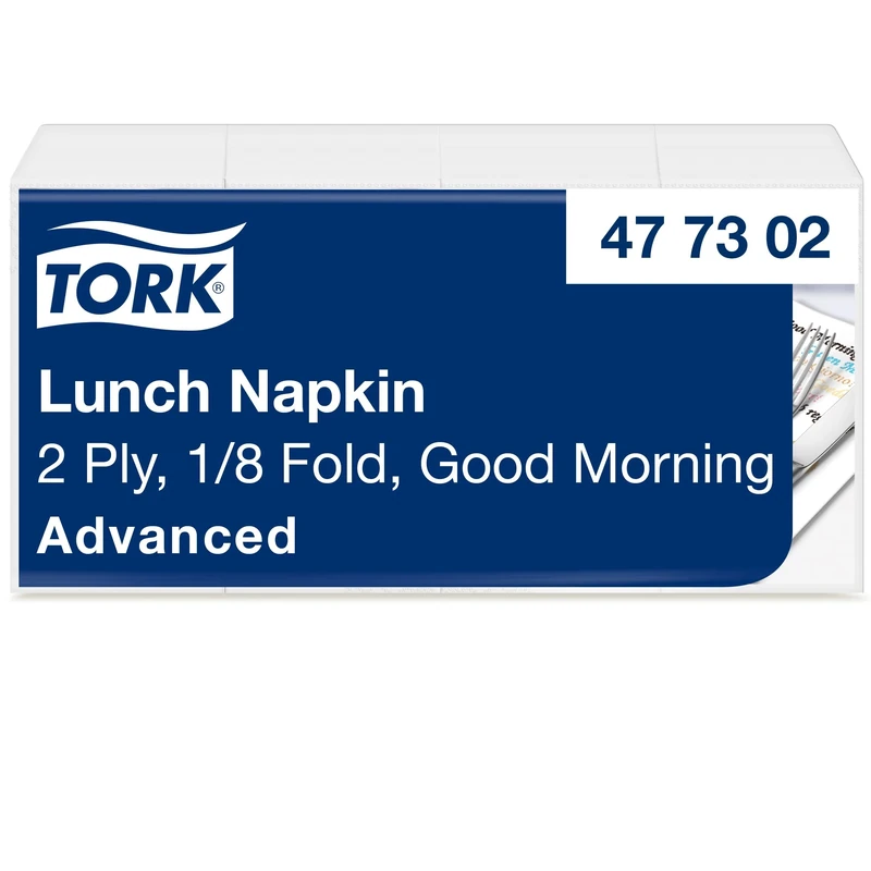 Tork 477302 Good Morning Lunch Napkin 1/8 Folded / 2 Ply Advanced Unprinted Serviette in White with Tea Motif / 10 x 200 Sheets (WxL: 8.2cm x 16.5cm)
