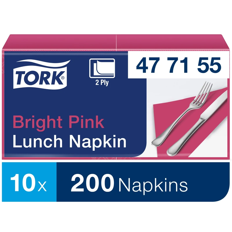 Tork 477155 Bright Pink Lunch Napkin / 2 Ply Advanced, Unprinted Serviette in Fuchsia / 10 x 200 Sheets