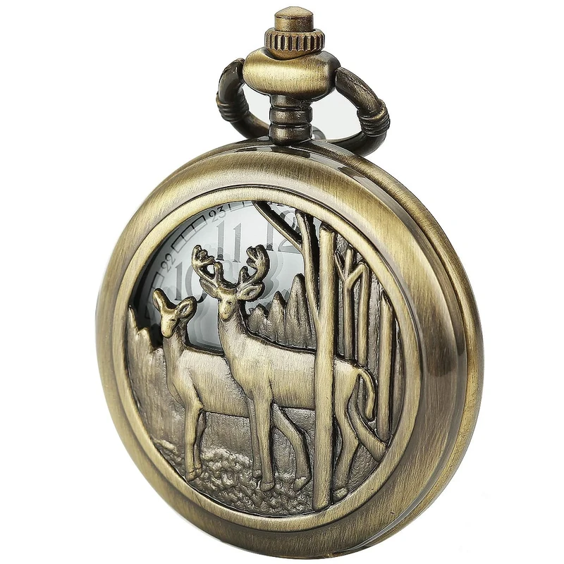 SIBOSUN Pocket Watch with Chain Deer Reindeer Woodland Men Smooth Back Case Bronze Vintage Box Quartz