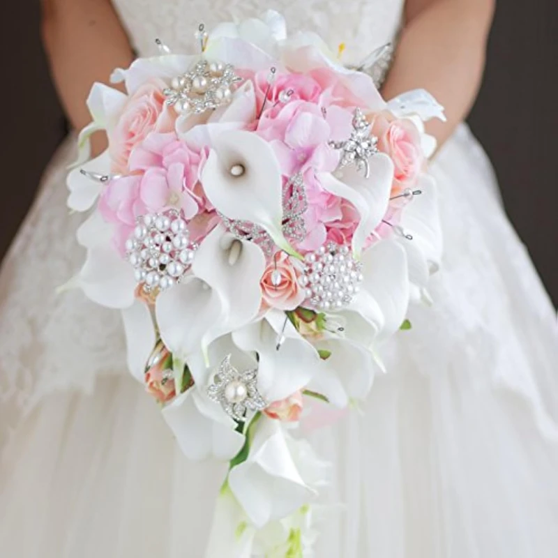 IFFO calla lilies simulation rose diamonds pearl bride wedding bouquet (pink)