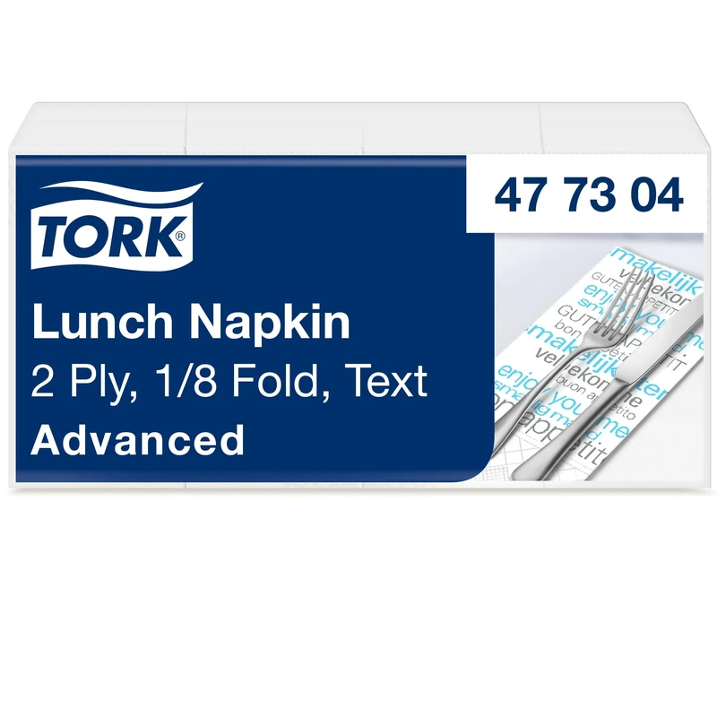 Tork 477304 Text Lunch Napkin 1/8 Folded / 2 Ply Advanced Unprinted Serviette in White with Blue and Grey Text / 10 x 200 Sheets (WxL: 8.2cm x 16.5cm)