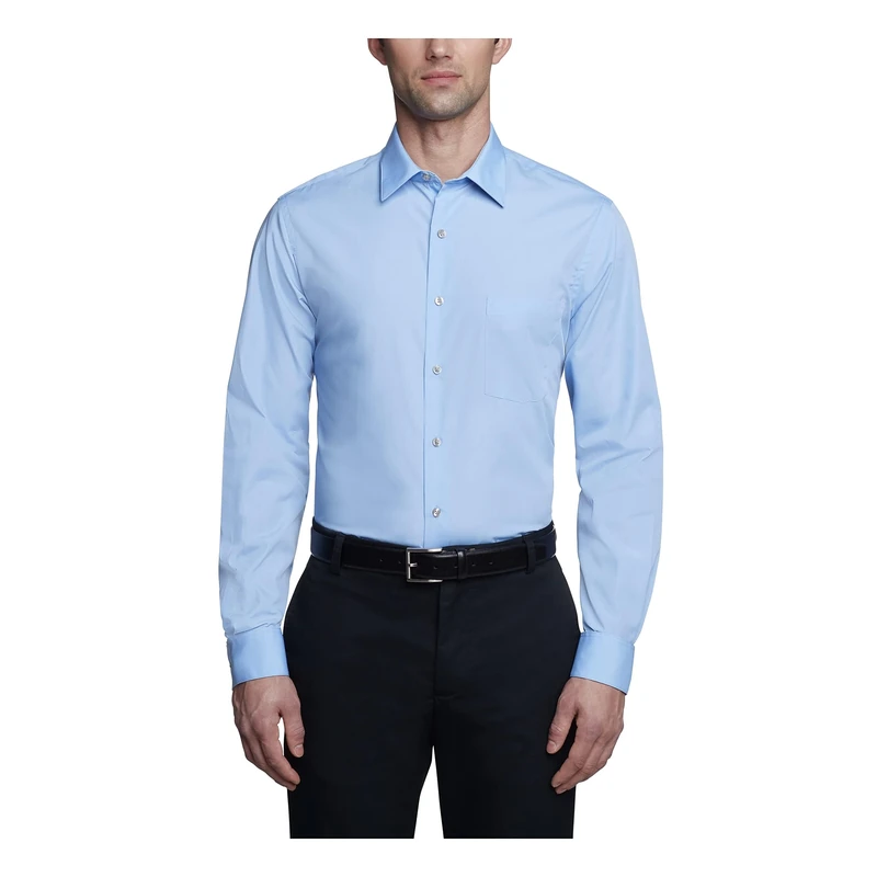 Van Heusen Men's Poplin Fitted Solid Point Collar Dress Shirt, Cameo Blue, 16" Neck 36"-37" Sleeve