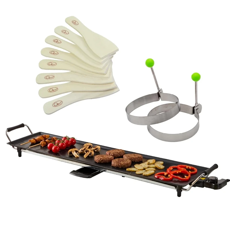 Quest XXL Teppanyaki Grill, Non Stick Electric Grill, Adjustable Thermostat, Includes 8 Wooden Spatulas & 2 Egg Rings, For Parties, Family Meals & More, 90cm x 26cm Cooking Plate