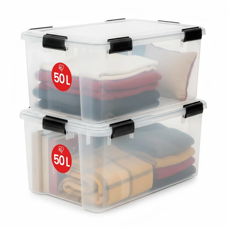 Iris Ohyama, Set of 2, Air tight storage boxes, 50 L, with 6 clips, stackable, garage, cellar, attic - Air Tight Box AT-L - Transparent