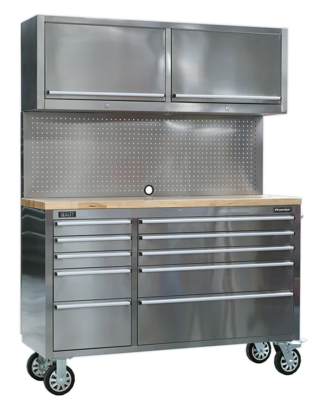 Sealey Ap5520Ss Mobile Stainless Steel Tool Cabinet 10 Drawer 2 Wall Cupboards