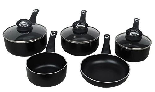 Diamond Non-Stick Cookware Set Including Sauce Glass Lids/Milk Frying Pan, Aluminium, Black, 43 x 26 x 18 cm