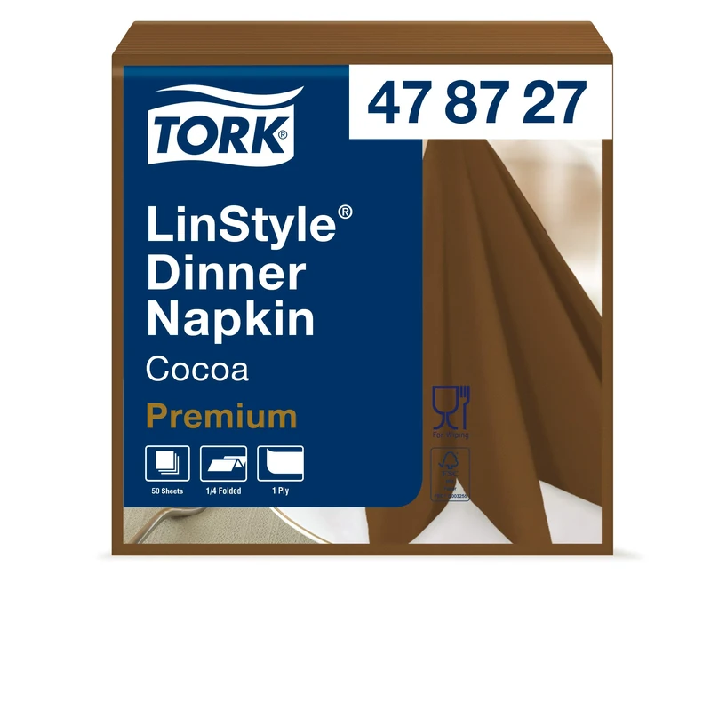 Tork 478727 Premium Linstyle Cocoa Dinner Napkin / 1 Ply Absorbent Unprinted Serviette in Dark Brown / 12 x 50 Sheets (WxL: 19.5cm x 19.5cm