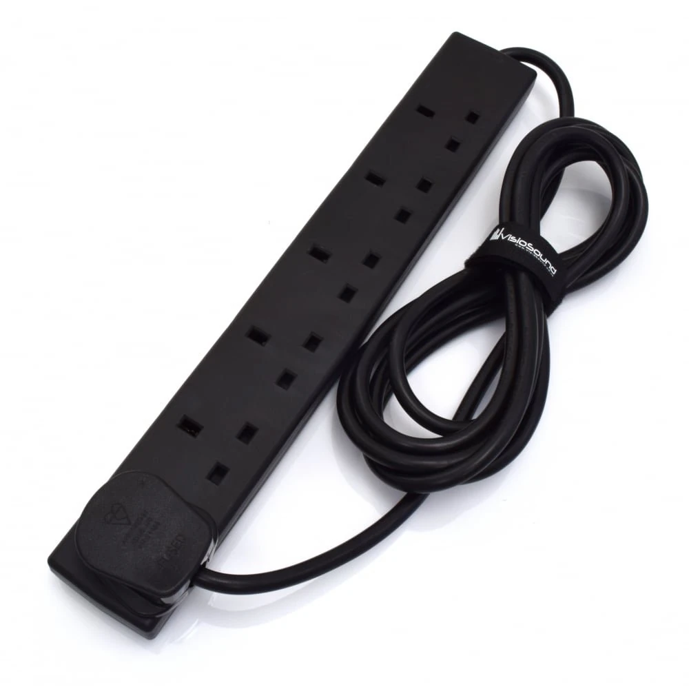 6-Gang Extension Trailing Lead - Black Multi Plug Power Cable - 1m / 2m / 3m / 5m / 10m 2m