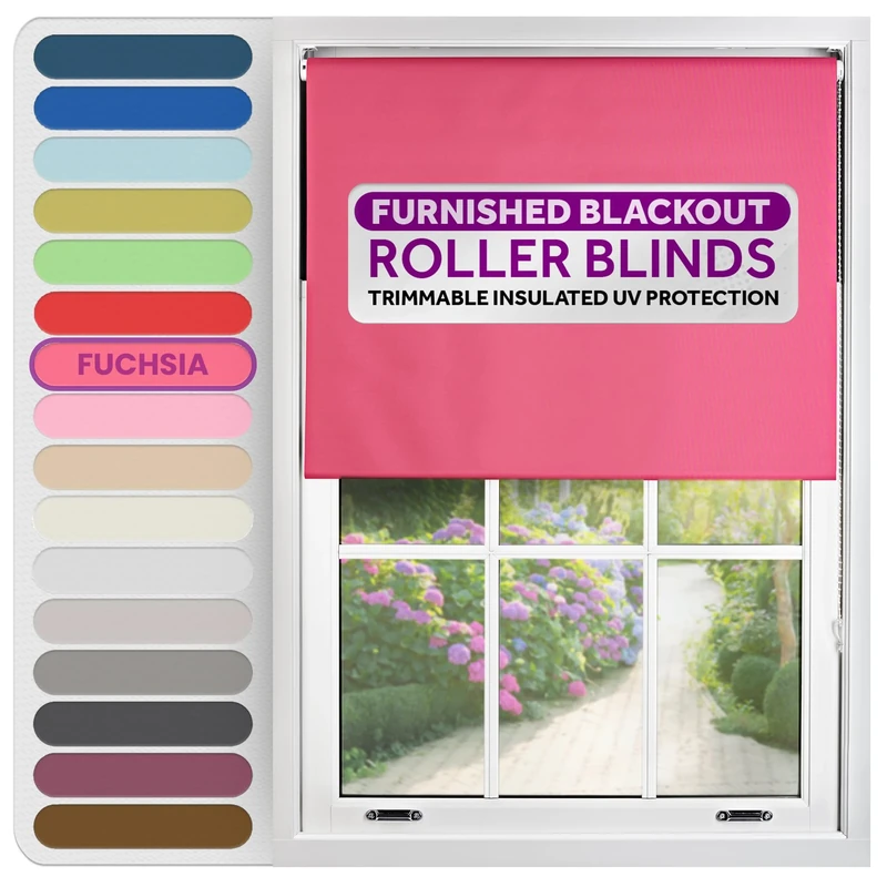 FURNISHED Roller Blinds Thermal Blackout Roller Blind - Trimmable Insulated UV Protection Child Safe Easy Fit Home Office Window Blinds, Fuchsia, 180W x 210H cm