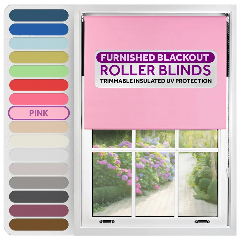 FURNISHED Roller Blinds Thermal Blackout Roller Blind - Trimmable Insulated UV Protection Child Safe Easy Fit Home Office Window Blinds, Pink, 180W x 210H cm