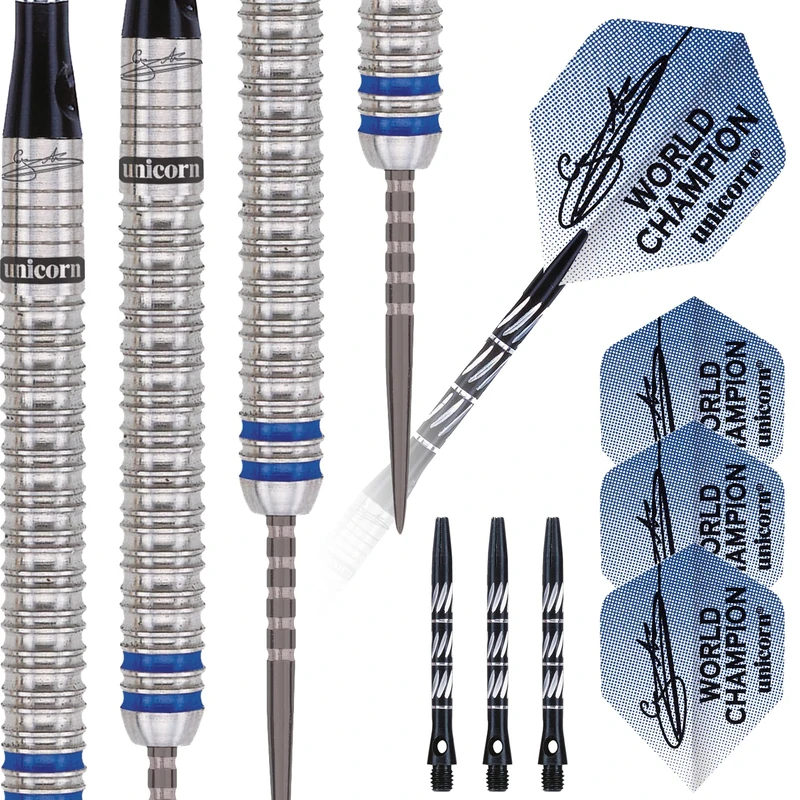 Unicorn Steel Tip Darts Set | Gary 'The Flying Scotsman' Anderson Phase 3 World Champion | 90% Natural Tungsten Barrels with Blue Accents | 21 g