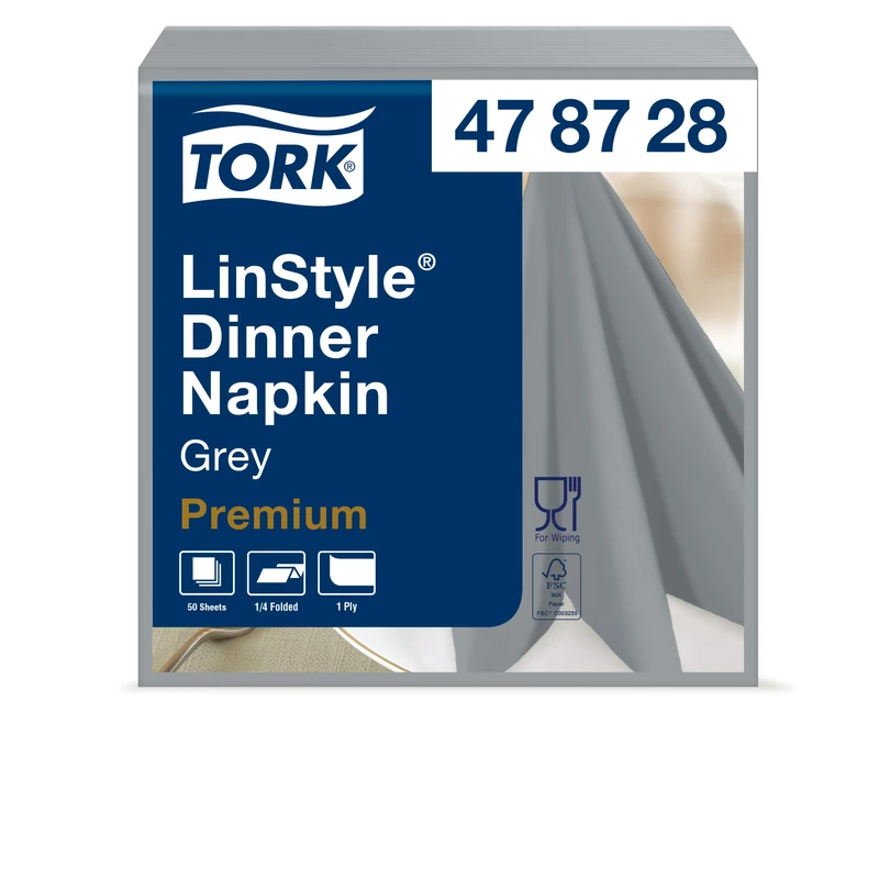 Tork 478728 Premium Linstyle Grey Dinner Napkin / 1 Ply Absorbent Unprinted Serviette in Grey / 12 x 50 Sheets (WxL: 19.5cm x 19.5cm)