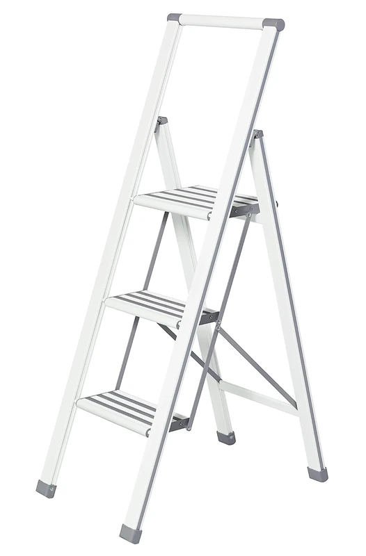 WENKO 601016100 Aluminium design folding stepladder 3-step white - household ladder, Aluminium coated, 44 x 127 x 5.5 cm, White