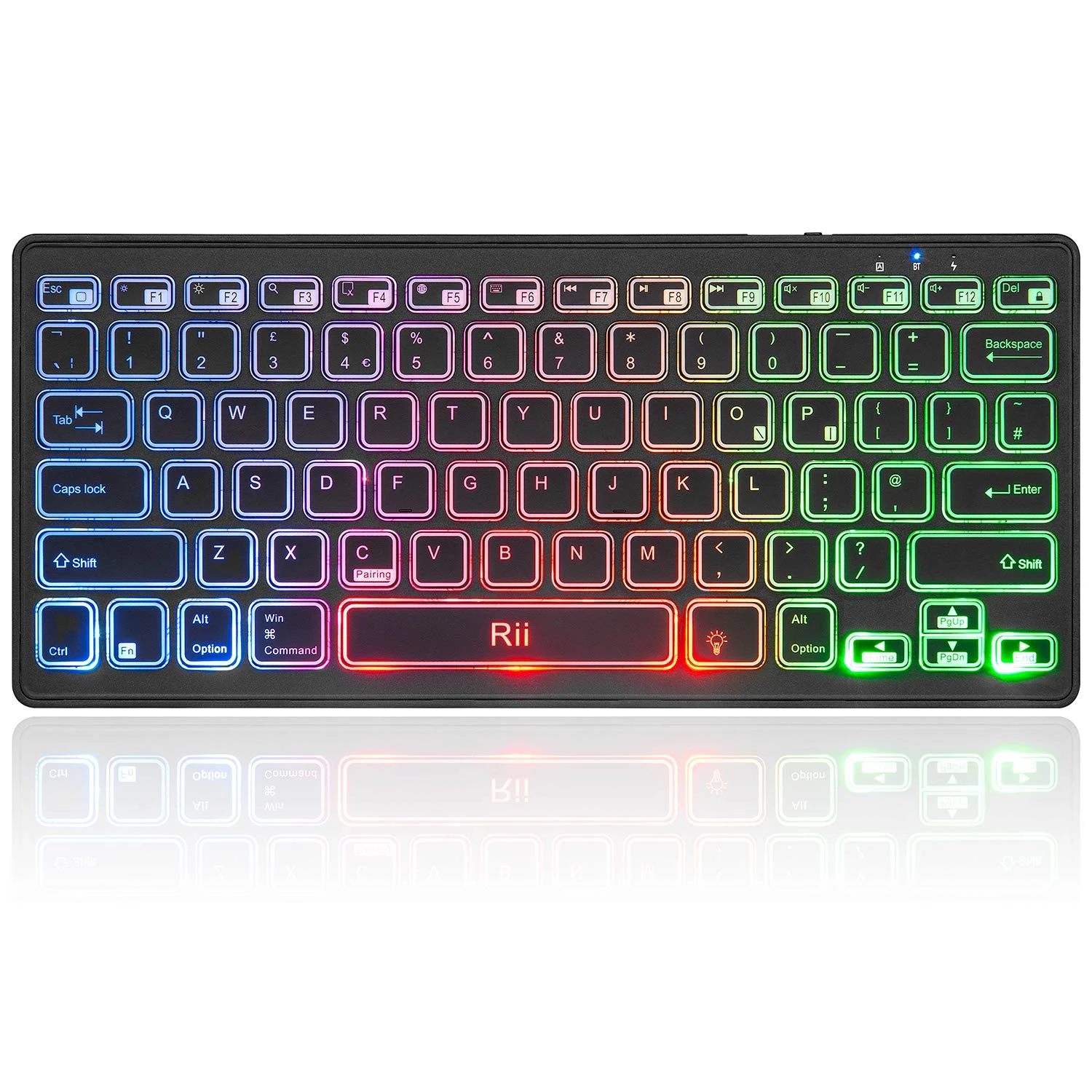 Rii Bluetooth 4.0 Wireless Multiple RGB Backlit Keyboard With Rechargeable Battery For iOS Android and Windows Tablet PC Laptop Notebook MacBook
