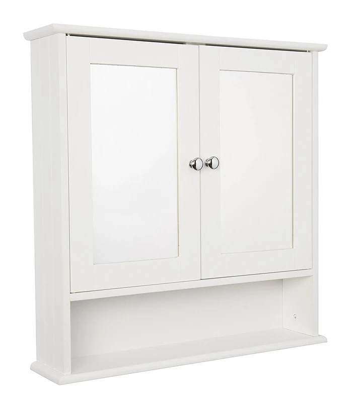 Croydex WC271122 Anderson Double Door Mirror White wooden Cabinet with Fixed Open Shelf and Hang N Lock Fitting System, 13x56x58 cm