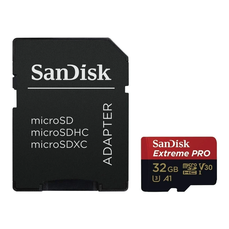 SanDisk Extreme Pro 32 GB microSDHC Memory Card + SD Adapter with A1 App Performance + Rescue Pro Deluxe 100 MB/s Class 10, UHS-I, U3, V30 SDSQXCG-032G-GN6MA, Red/Gold