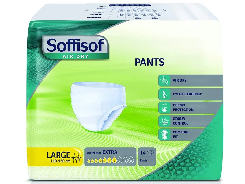 SOFFISOF Air Dry, Pants-Pull-Up type Diapers, Large Size, for Moderate Incontinence, Extra Absorbency, for the Day, 6 packs of 14 units each
