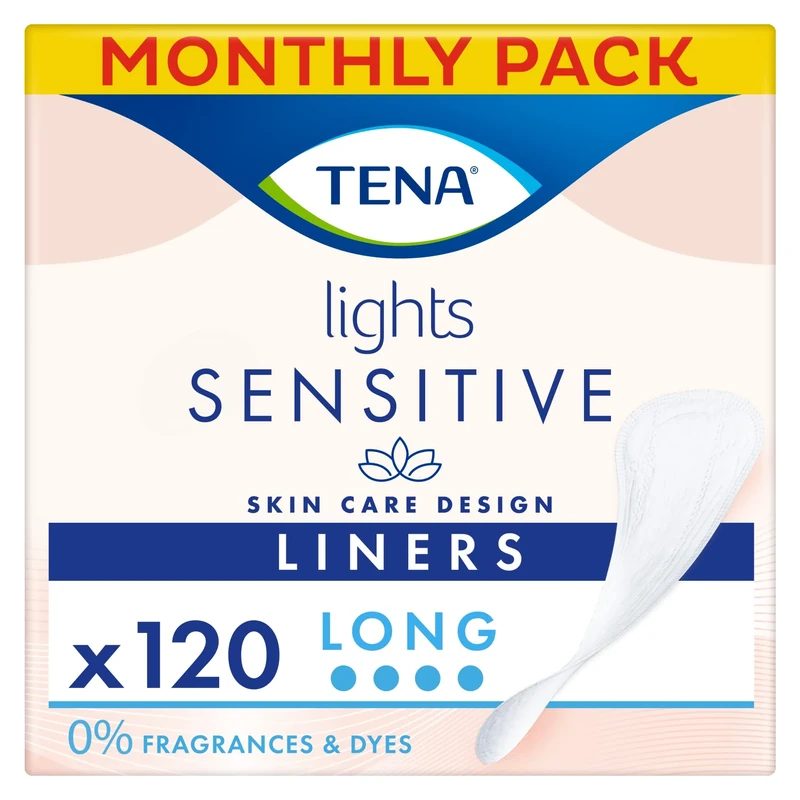 TENA Lights Long Liner, 120 Incontinence Liners for Women with Sensitive Skin, Breathable and Unscented Liner for Light Bladder Weakness and Incontinence, 20 Count (Pack of 6)