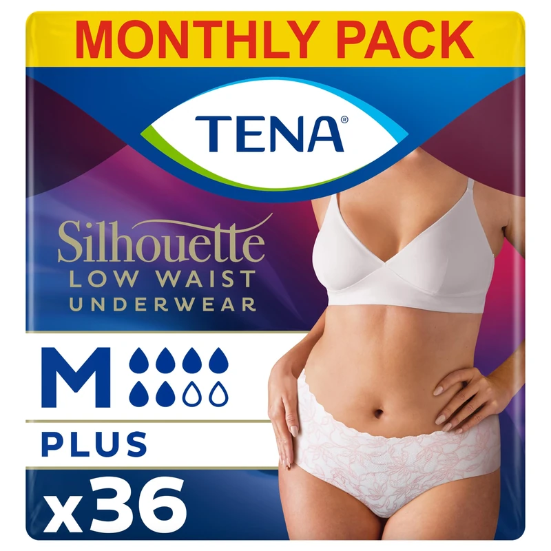 TENA Silhouette Plus Low Waist, 36 pairs of Incontinence Pants (12 x 3 Packs) for Moderate to Heavy Bladder Weakness for Women, Designed for Stylish Protection, White, Medium, Fits Waist 75cm - 100cm