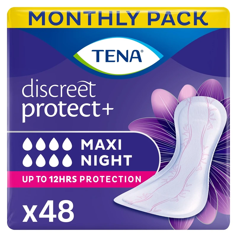 TENA Discreet Maxi Night, Incontinence Pads for Women, Specifically Designed for Night Time Protection with Wider Back and Extra Length, 48 Count (Pack of 8 x 6),packaging may vary